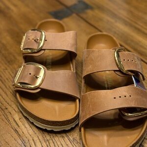 Birkenstock Tan Sandals with Gold Buckles